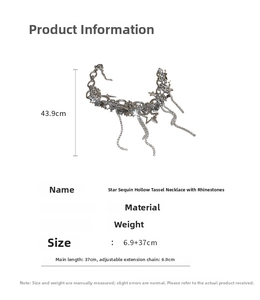 Detailed size specifications of rhinestone star tassel necklace with adjustable chain length