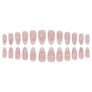 24pcs almond press-on nails in nude pink with white French tips and purple glitter