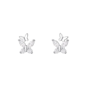 Sparkling zircon double butterfly stud earrings in S999 sterling silver on white background
