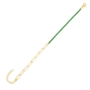 Detail der goldenen Tennis-Kette mit grünen Zirkonia und Büroklammer-Gliedern mit Verschluss