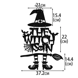Décoration de porte sorcière Halloween avec dimensions incluant chapeau et jambes de fête