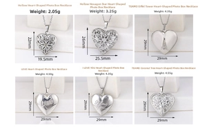 Detail view of heart-shaped lockets with unique engraved patterns and rhinestone accents