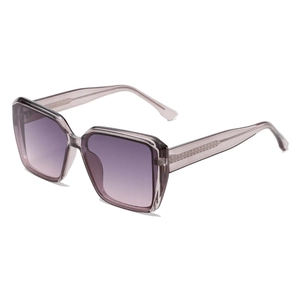 Fashionable square oversized sunglasses with purple gradient lenses and transparent frames