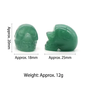 Green crystal agate skull carvings for Halloween decor, 25mm height with dimensions