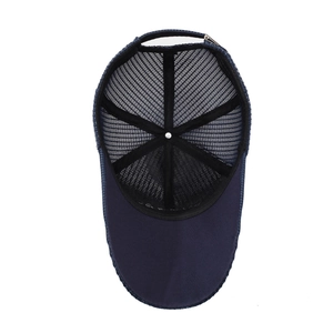 Navy blue breathable mesh trucker hat with long brim and interior sweatband detail