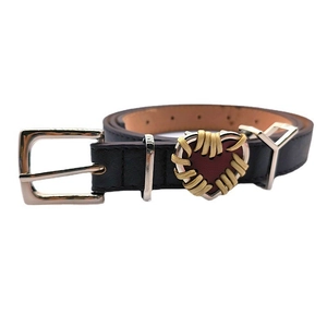 Minimalist black PU leather belt with red heart charm and silver metal square buckle