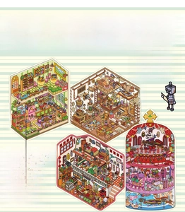 Detailed isometric view of four themed DIY scrapbooking stickers including retro shop scenes