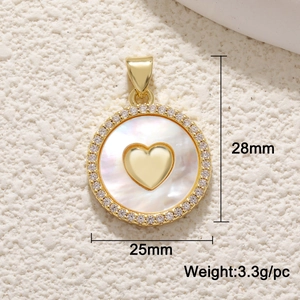Detailed view of a 28mm gold plated heart pendant with shell inlay and dimensions