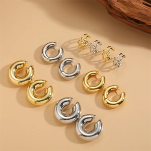 Minimalist 14K gold plated C-shaped hoop earring sets in polished gold and silver finish