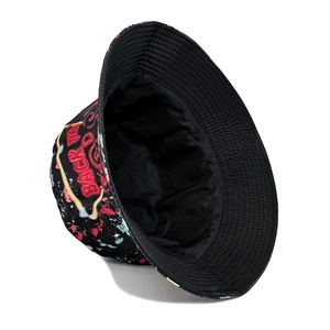 Reversible 80s style bucket hat with colorful graffiti print on a white background