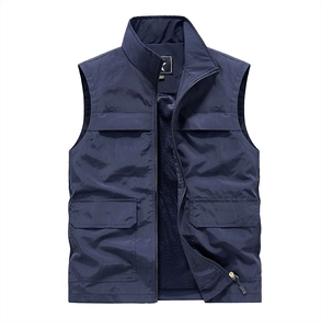 Detailed view of navy blue outdoor vest with four utility pockets and mesh lining
