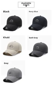 Detail view of sports baseball caps in five colors with mountain embroidery and texture