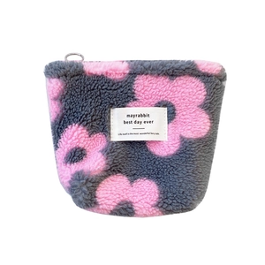 Cute gray plush square coin purse with pink flower pattern and metal zipper ring
