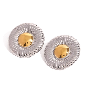 Retro two-tone stainless steel round earrings with radial texture and golden center