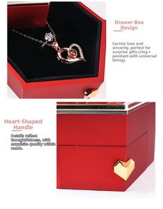 Red heart preserved flower gift box with drawer design and rose gold heart necklace set