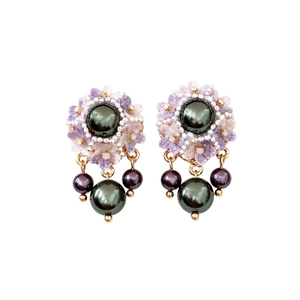 Vintage floral pearl drop earrings with purple petals and gold metal accents for women