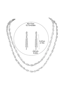 Detailed size specifications for silver rhinestone bridal necklace and tassel earrings set