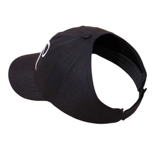 Detail view of the adjustable strap and cotton twill texture on a black sun visor hat