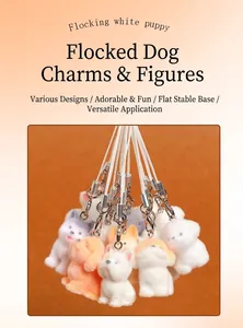 Detail of cute flocking puppies charms with soft texture and metal rings for DIY crafts