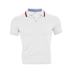 Detail view of white polo shirt collar with red and blue stripes and size M label