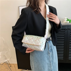 Quilted holographic crossbody bag for women with a gradient finish and a wide strap