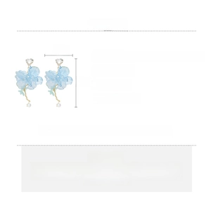 Detailed spec sheet for blue chiffon flower tassel earrings with alloy and pearl materials