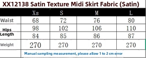 Size chart for the satin midi skirt detailing waist, hip, and length measurements