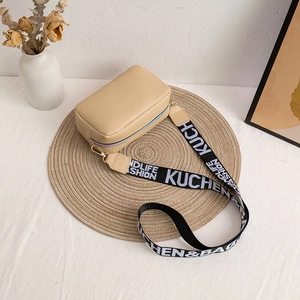 Minimalist beige PU leather square bag with wide contrast logo fabric shoulder strap
