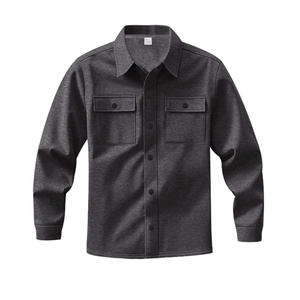 Detail of dark grey fleece-lined shirt jacket with dual chest pockets and logo size label