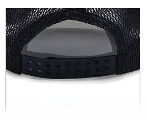 Detail of adjustable snapback closure on black mesh trucker hat for a custom fit