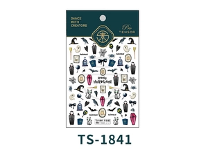 Detail view of 5D Halloween nail art stickers with ghosts and bats in green packaging