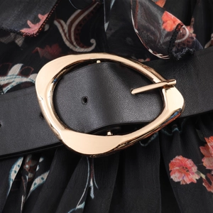 Elegant black leather belt with a textured finish and irregular gold metal buckle