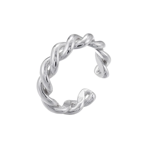 Detailed shot of polished silver twisted rope ring featuring an adjustable open band design