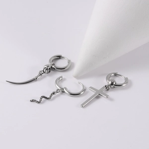 Gothic stainless steel hoop earrings set with skull, snake and cross dangles