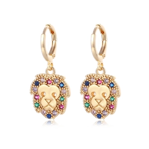 Retro lion head drop earrings in 18k gold plating with colorful zircon crystal stones