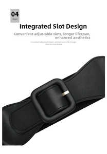 Macro detail of black elastic waist belt with leather buckle and hidden adjustable slot