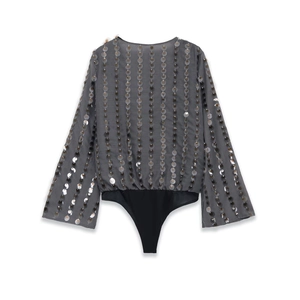 Women's bodysuit with grey sequin fringe mesh top and black high-cut bottom