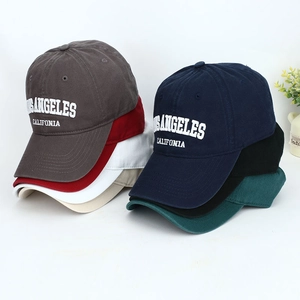 Detailed view of Los Angeles embroidered baseball caps in seven assorted colors
