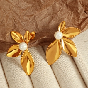 Vintage Flower Petal Stud Earrings 18K Gold Plated Stainless Steel With Tiger's Eye And Faux Artificial Pearl For Women