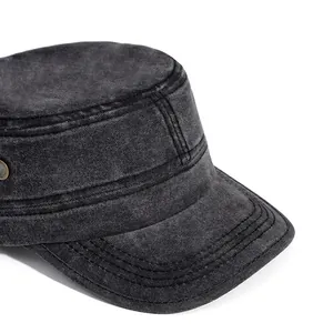 Deep grey washed cotton military flat top cap with wide brim for sun protection
