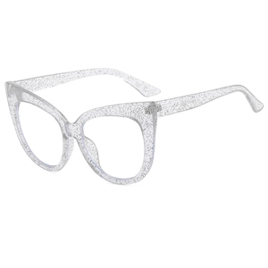 Retro cat-eye glasses frame with silver glitter finish and clear anti-blue light lenses