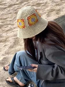 Handmade Crochet Floral Bucket Hat Retro Knit Sunflower Sunshade Foldable Hollow Out Beach Accessory Women