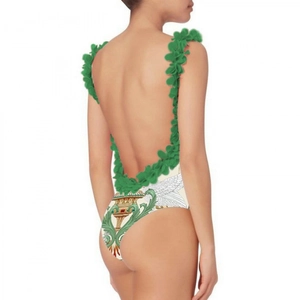 Sexy backless beige one-piece swimsuit with green floral appliques and baroque print