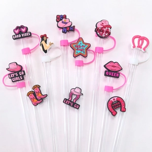 8Pcs western cowboy straw covers set with pink hat and horseshoe for 10mm straws