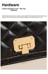 Detail of premium gold metal clasp and black quilted leather on a stylish handbag