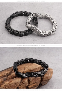 Close-up of Byzantine style box chain bracelet in silver and black titanium steel finish