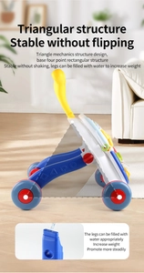 Baby walker detail showing stable triangular structure and water-fillable legs for extra weight