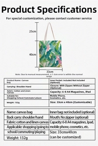 Size guide for cartoon cat canvas tote bag with measurements and capacity details