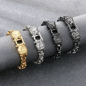Rugged men's stainless steel lion head biker bracelets in gold, silver, and black finishes