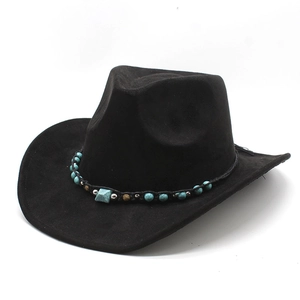 Ethnic style black suede western cowboy hat with turquoise beaded band and wide brim